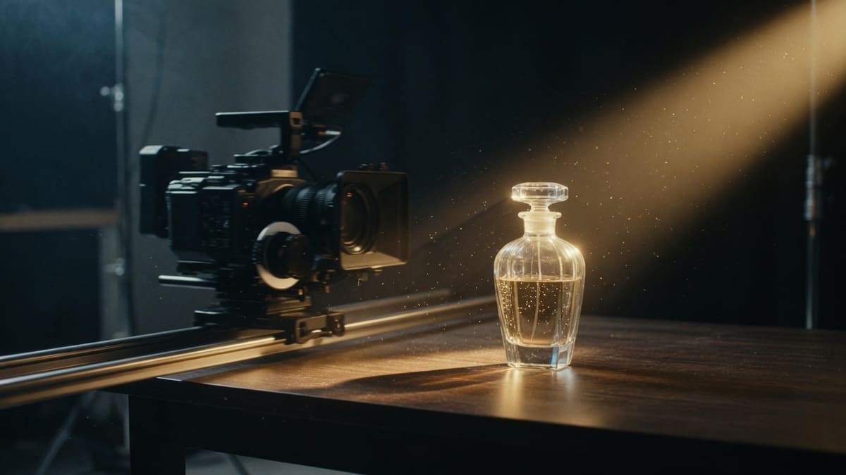Cinema camera on a slider tracking a static product, showing motion direction for image to video