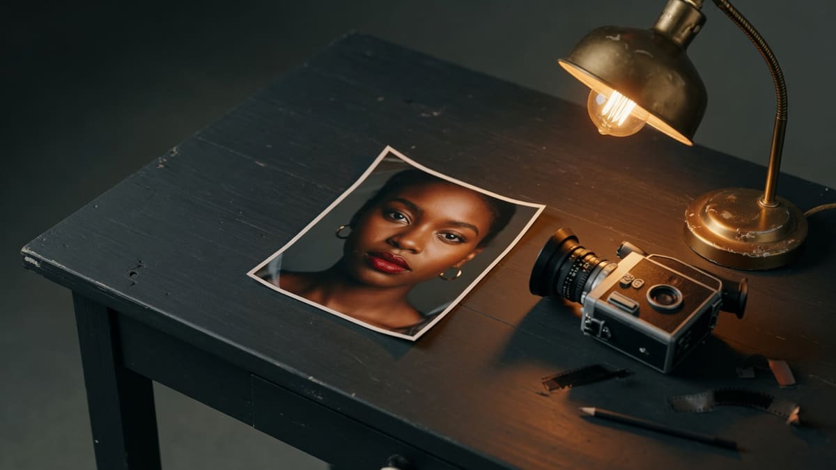 Printed still photo on a dark desk beside a cinema camera, the first frame for image to video